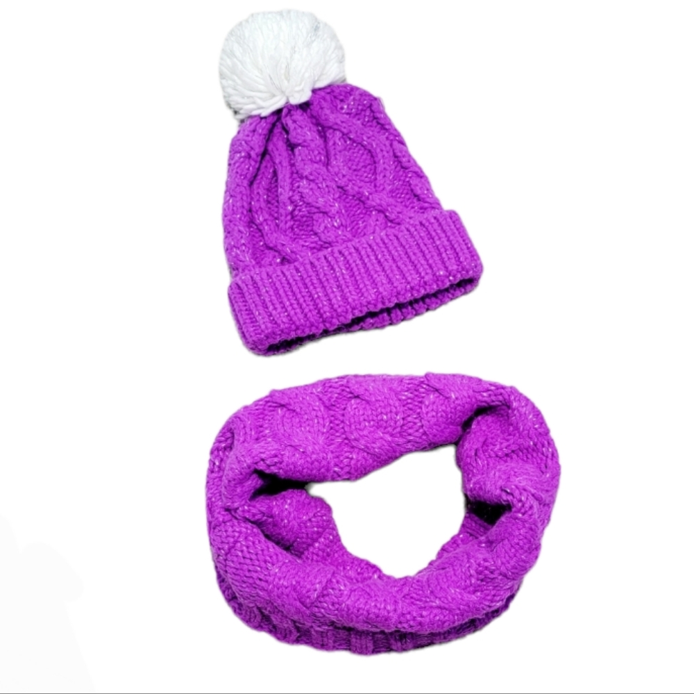 Gertex Purple Pom Pom Chunky Cable Knit‎ Neck Scarf & Beanie Hat Set One Size